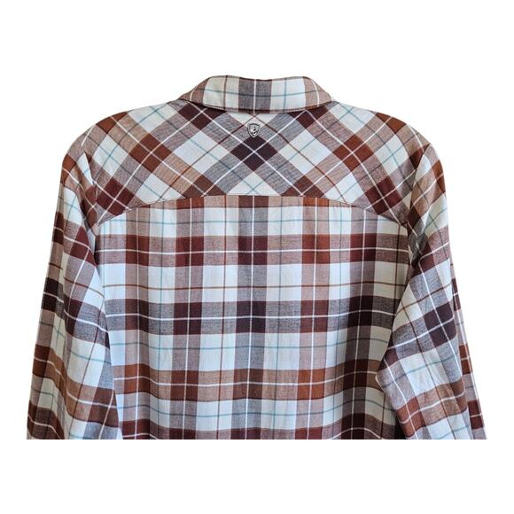 KUHL Women M Tess Flannel Shirt Snaps Corduroy Trim Brown Plaid Cotton Tencel 40 - Picture 8 of 11